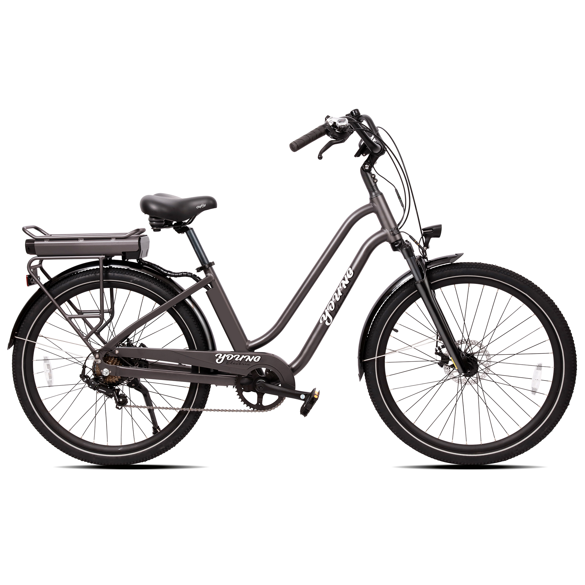 Young Electric E-Vie Step-Through Hybrid E-Bike — Matte Gun Metal, 20 MPH Max Speed, 242-Lb. Capacity